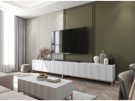 Szafka RTV Glamour ELPIS - 300 cm - biały mat front 3D z miedzianą ramą3