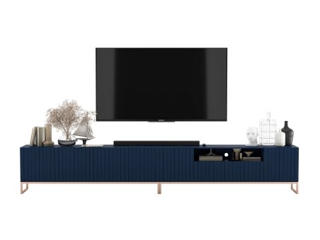 Nowoczesna Szafka RTV Glamour ELPIS - 300 cm - granatowy mat front 3D z miedzianą ramą1