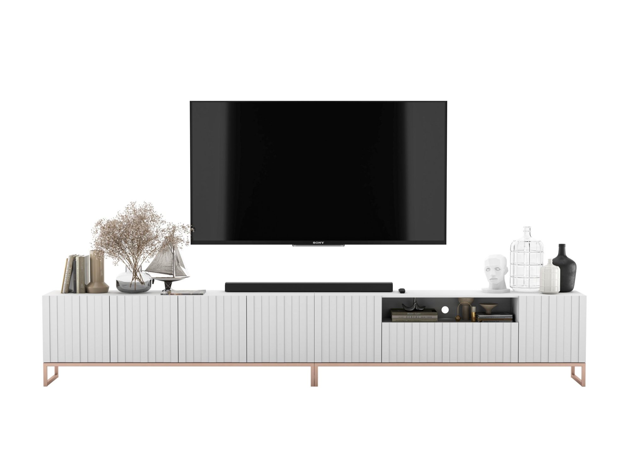 Nowoczesna Szafka RTV Glamour ELPIS - 300 cm - biały mat front 3D z miedzianą ramą