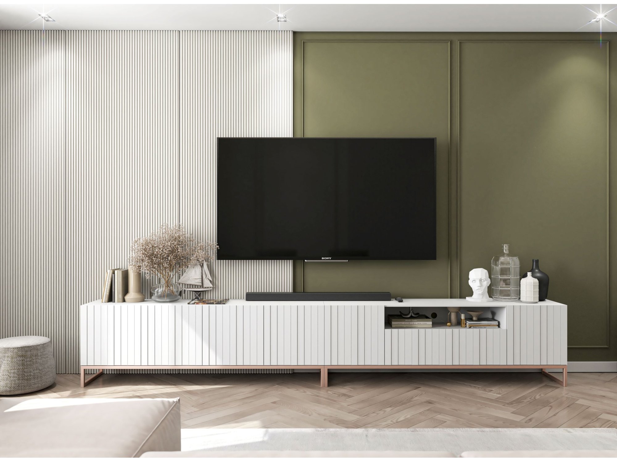 Nowoczesna Szafka RTV Glamour ELPIS - 300 cm - biały mat front 3D z miedzianą ramą