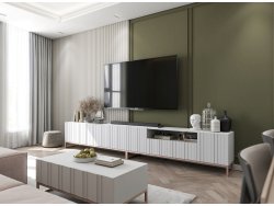 Nowoczesna Szafka RTV Glamour ELPIS - 300 cm - biały mat front 3D z miedzianą ramą