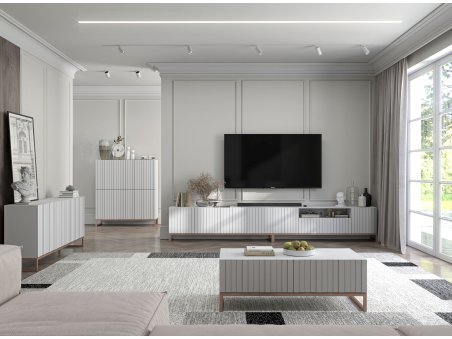 Nowoczesna Szafka RTV Glamour ELPIS - 300 cm - biały mat front 3D z miedzianą ramą