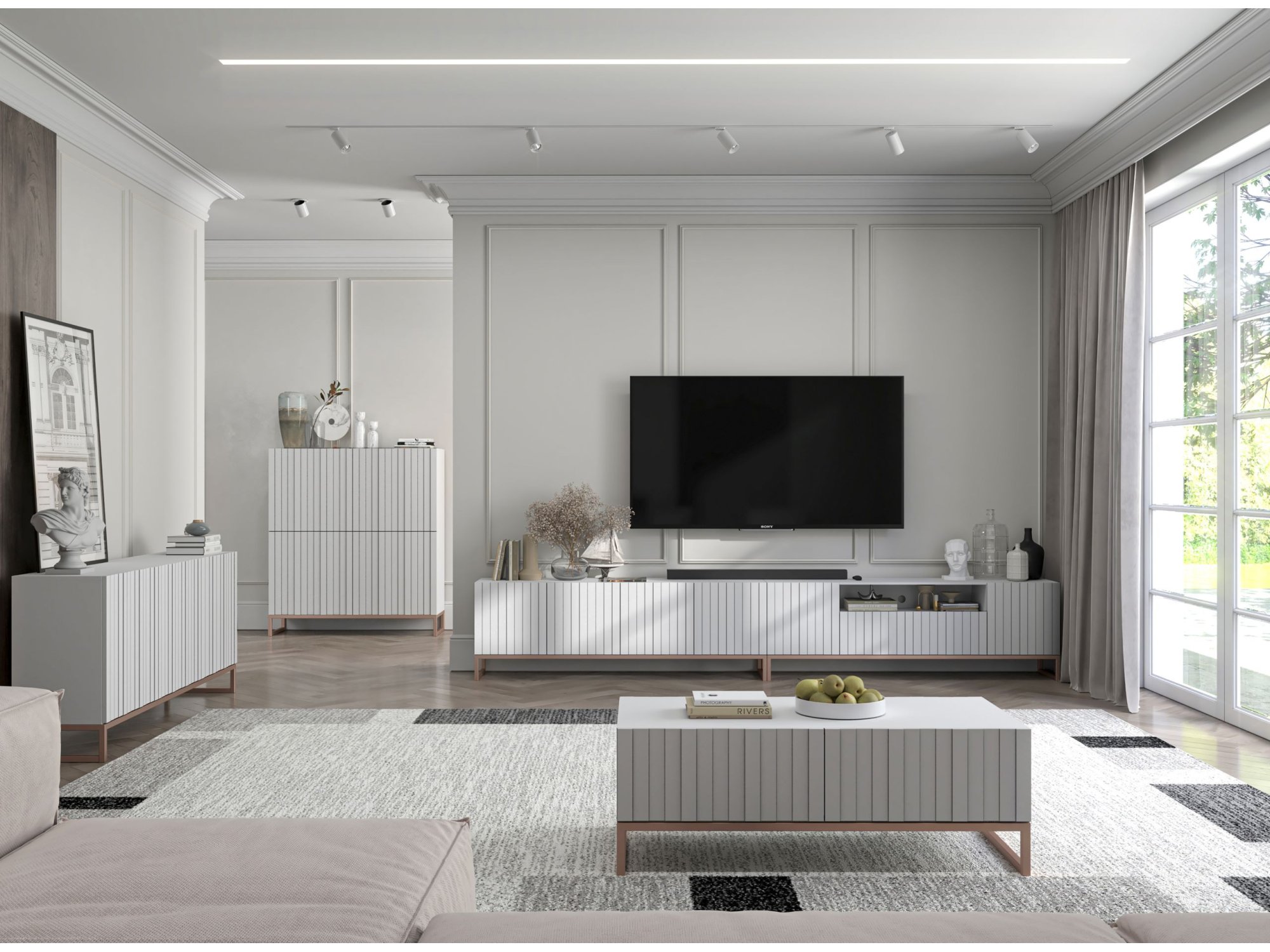 Nowoczesna Szafka RTV Glamour ELPIS - 300 cm - biały mat front 3D z miedzianą ramą