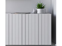 Nowoczesna Szafka RTV Glamour ELPIS - 300 cm - biały mat front 3D z miedzianą ramą