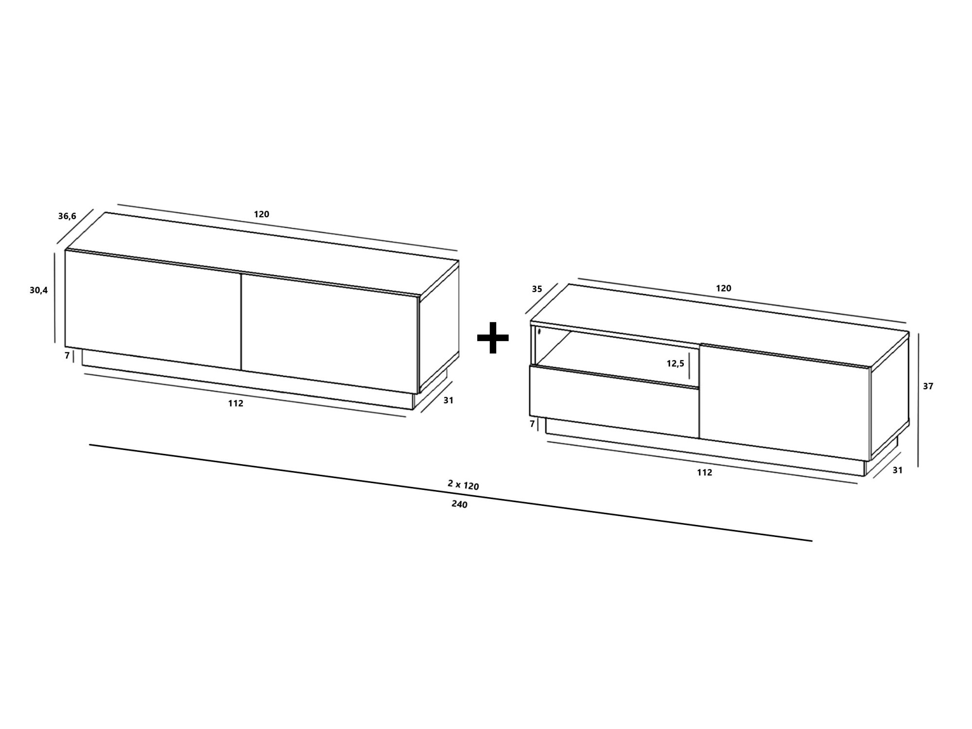 Szafka RTV ENJOY Loft Biały Mat 240 cm zestaw z szufladą stojąca / wisząca 2 x 120 cm