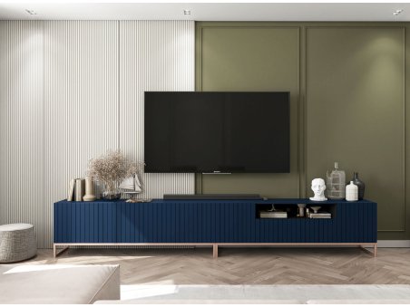 Nowoczesna Szafka RTV Glamour ELPIS - 300 cm - granatowy mat front 3D z miedzianą ramą2