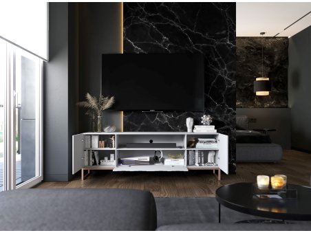 Nowoczesna Szafka RTV Glamour ELPIS - 300 cm - biały mat front 3D z miedzianą ramą