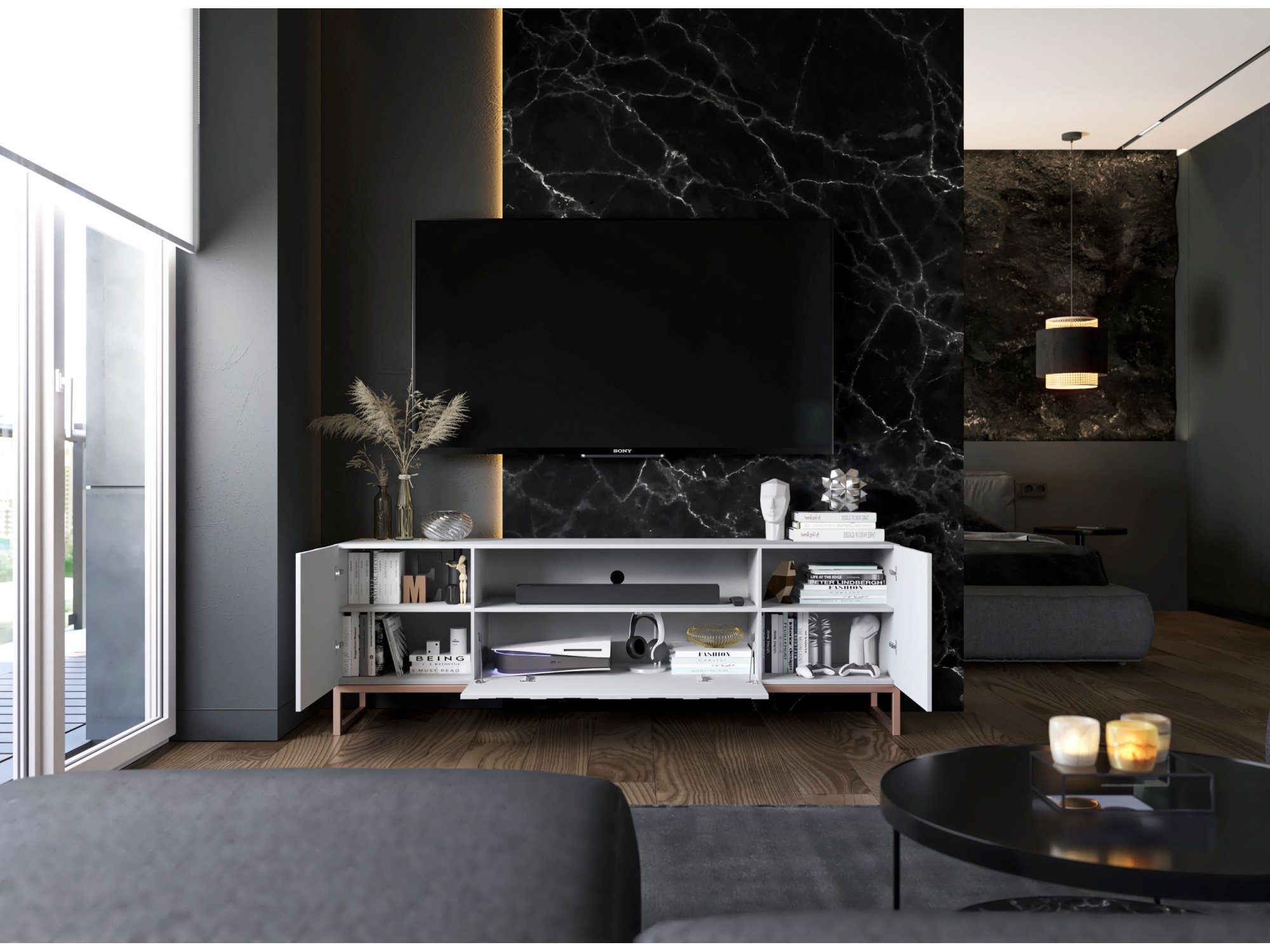 Nowoczesna Szafka RTV Glamour ELPIS - 300 cm - biały mat front 3D z miedzianą ramą