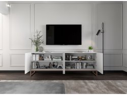 Nowoczesna Szafka RTV Glamour ELPIS - 300 cm - biały mat front 3D z miedzianą ramą