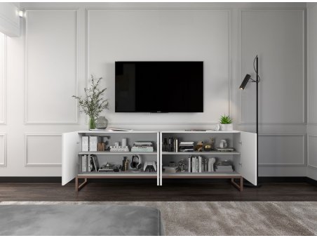 Nowoczesna Szafka RTV Glamour ELPIS - 300 cm - biały mat front 3D z miedzianą ramą