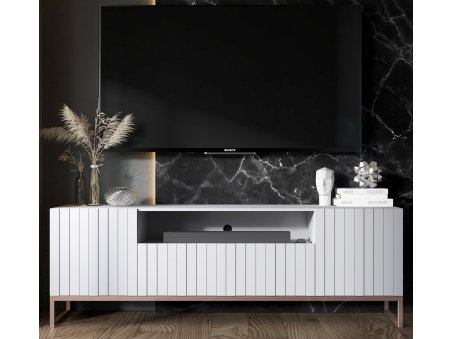 Szafka RTV Glamour ELPIS 2 - 150 cm - biały mat front 3D z miedzianą ramą