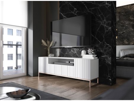 Szafka RTV Glamour ELPIS 2 - 150 cm - biały mat front 3D z miedzianą ramą3