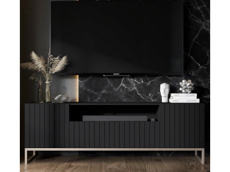 Szafka RTV Glamour ELPIS 2 - 150 cm - czarny mat front 3D ze złotą ramą