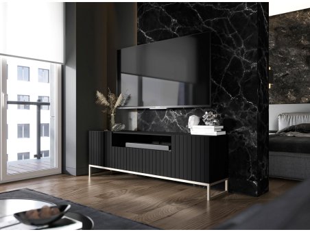 Szafka RTV Glamour ELPIS 2 - 150 cm - czarny mat front 3D ze złotą ramą3