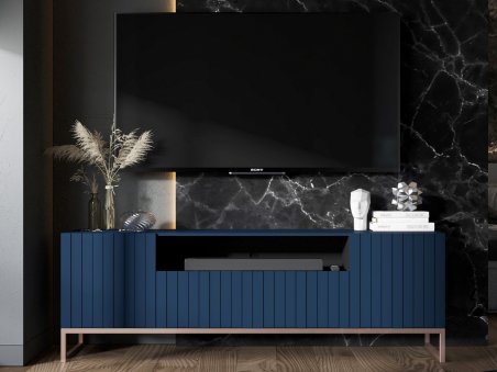 Szafka RTV Glamour ELPIS 2 - 150 cm - granatowy mat front 3D z miedzianą ramą