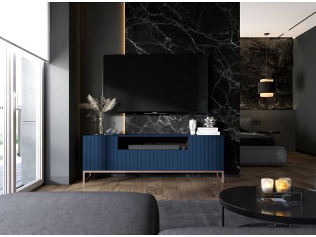 Szafka RTV Glamour ELPIS 2 - 150 cm - granatowy mat front 3D z miedzianą ramą2