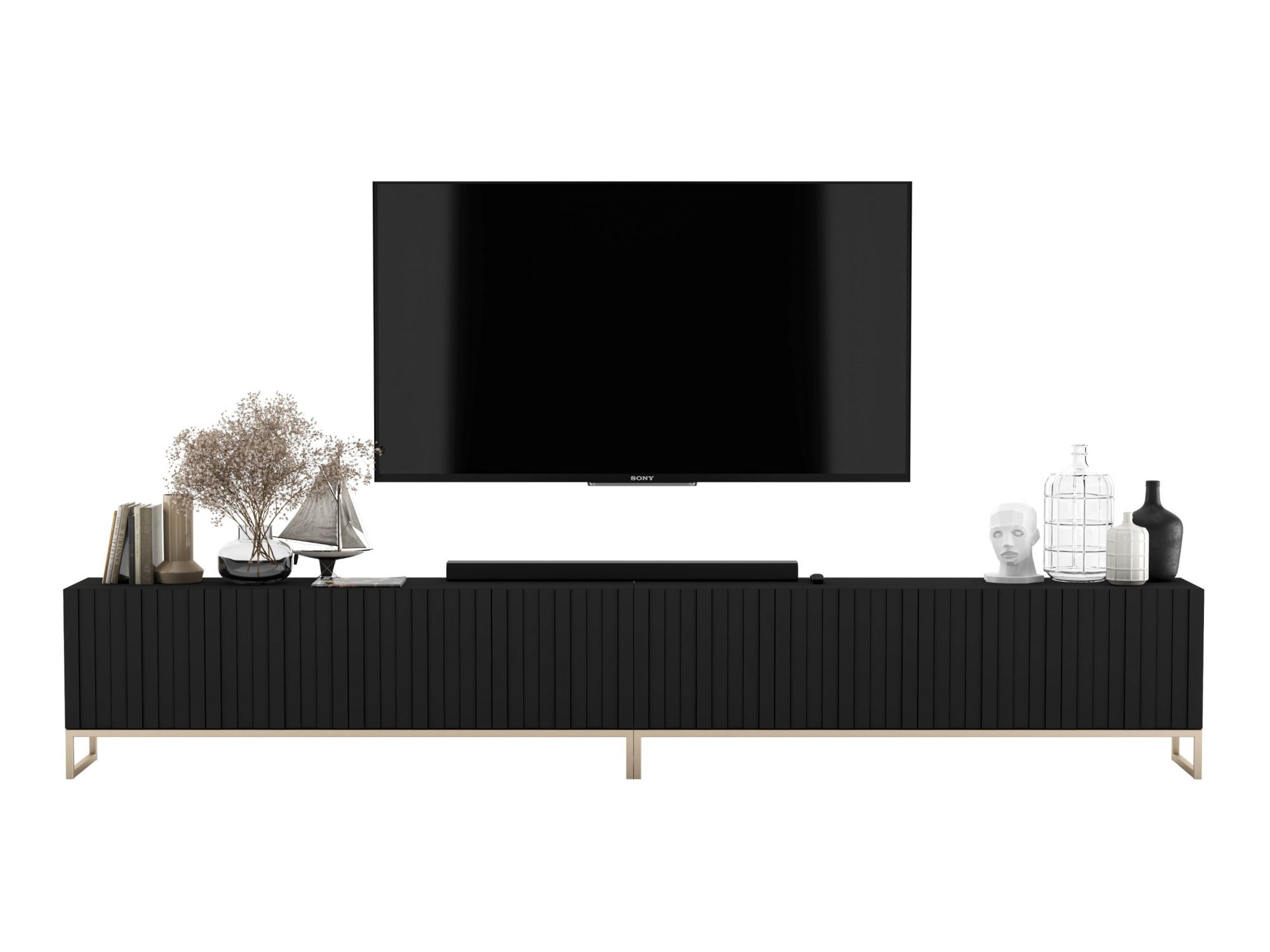 Szafka RTV Glamour ELPIS - 300 cm - czarny mat front 3D ze złotą ramą