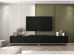 Szafka RTV Glamour ELPIS - 300 cm - czarny mat front 3D ze złotą ramą