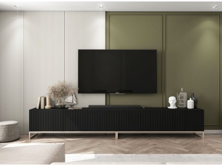 Szafka RTV Glamour ELPIS - 300 cm - czarny mat front 3D ze złotą ramą2