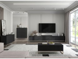 Szafka RTV Glamour ELPIS - 300 cm - czarny mat front 3D ze złotą ramą