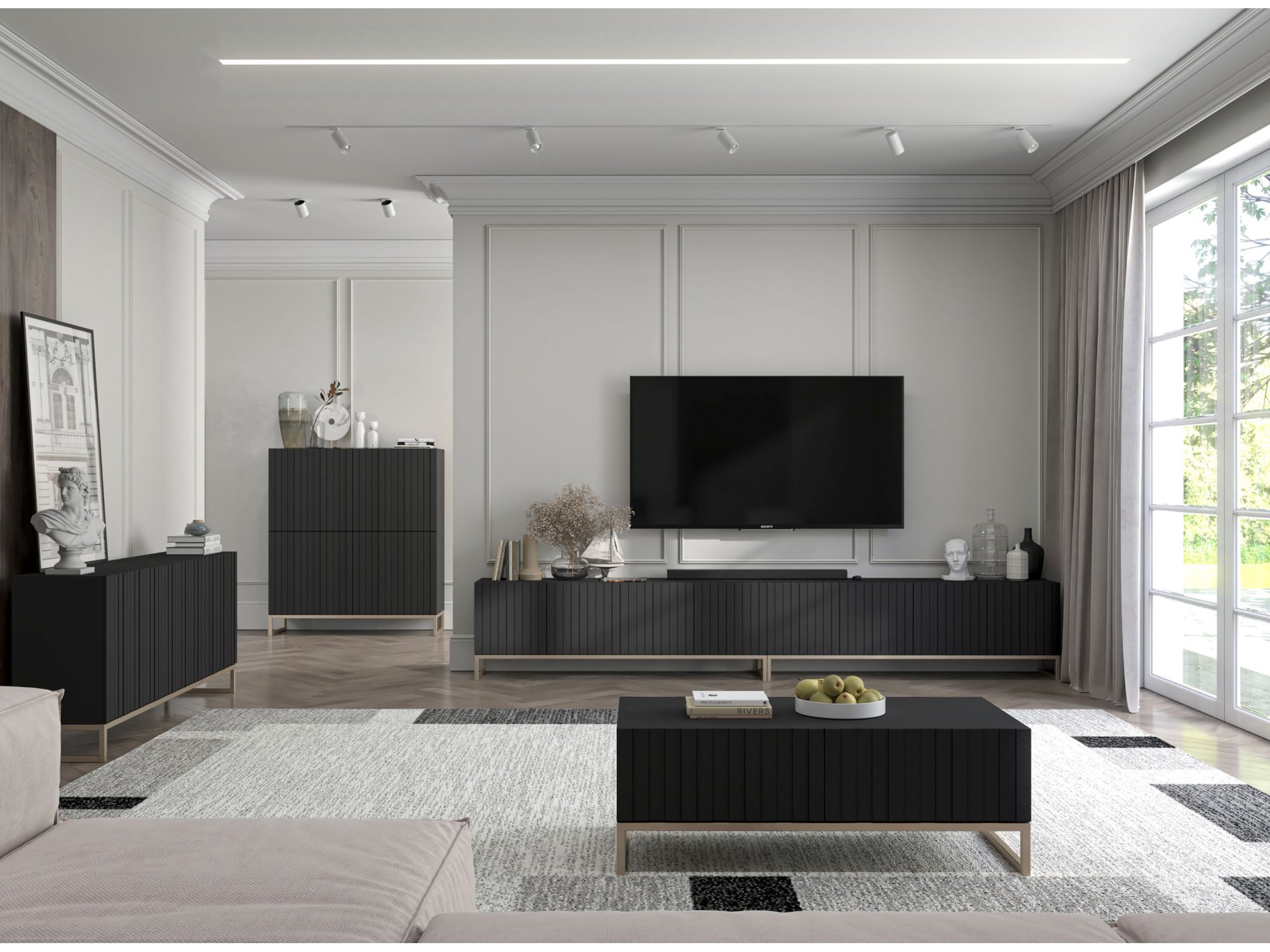 Szafka RTV Glamour ELPIS - 300 cm - czarny mat front 3D ze złotą ramą