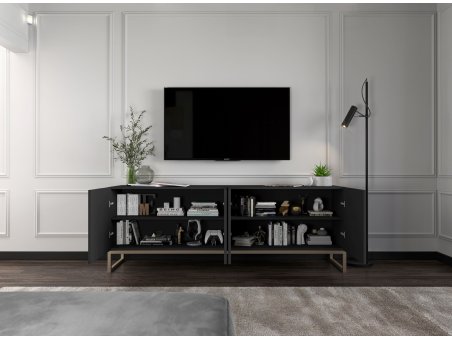 Szafka RTV Glamour ELPIS - 300 cm - czarny mat front 3D ze złotą ramą