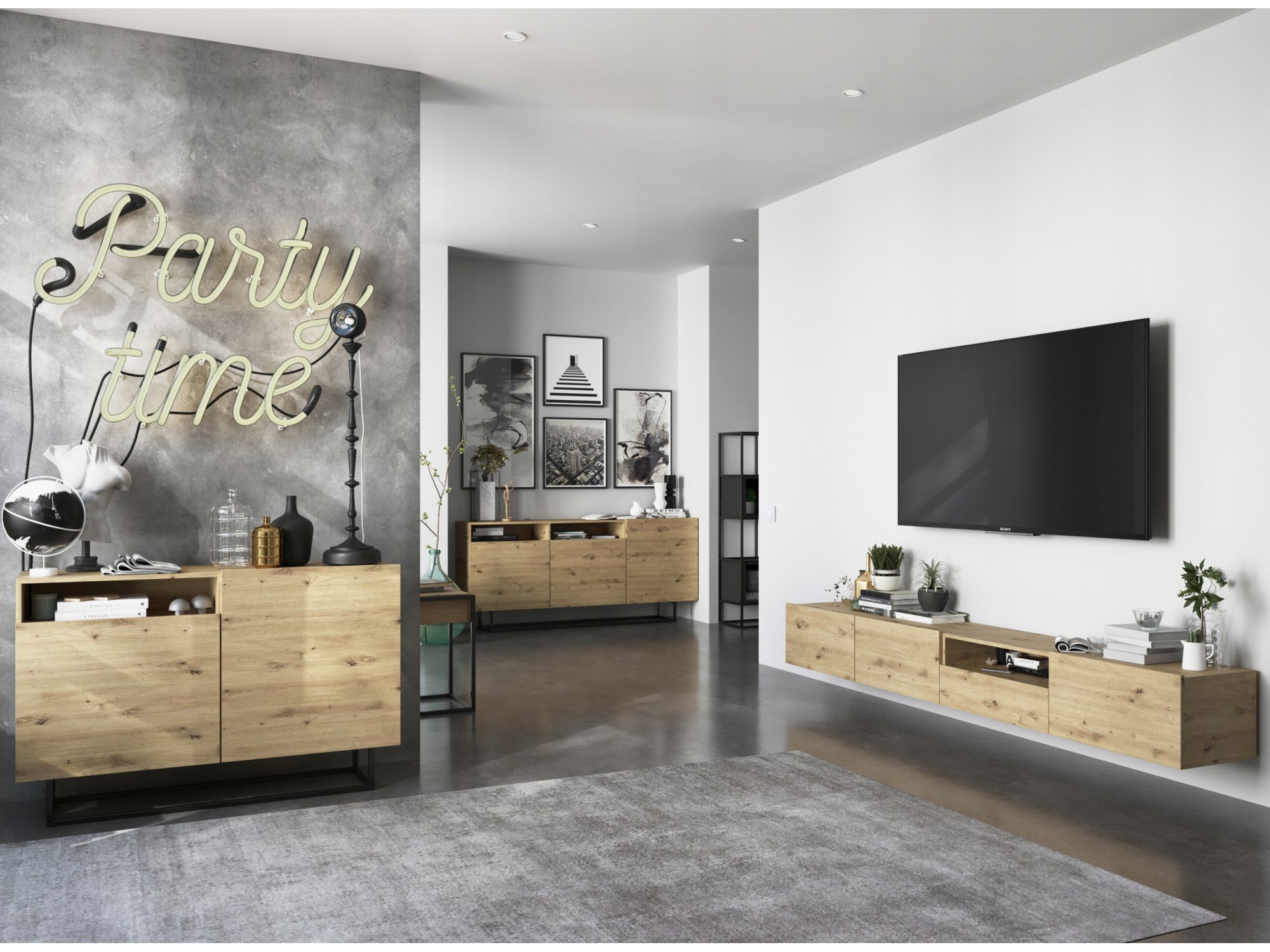 Wisząca Szafka RTV ENJOY Loft Dąb artisan MAT 240 cm zestaw z szufladą 2 x 120 cm