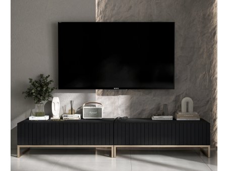 Uniwersalna Szafka RTV Glamour Nowoczesna Komoda RTV Ryflowane fronty Czarny Mat 220 cm