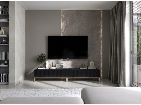 Uniwersalna Szafka RTV Glamour Nowoczesna Komoda RTV Ryflowane fronty Czarny Mat 220 cm1