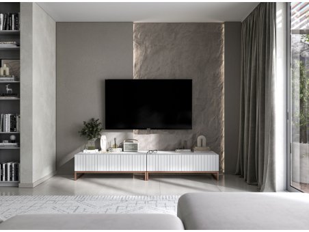 Nowoczesna Szafka RTV Glamour Uniwersalna Komoda RTV Ryflowane fronty biały Mat 220 cm1