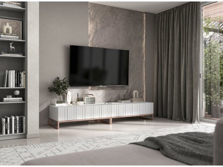 Nowoczesna Szafka RTV Glamour Uniwersalna Komoda RTV Ryflowane fronty biały Mat 220 cm2