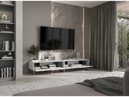 Nowoczesna Szafka RTV Glamour Uniwersalna Komoda RTV Ryflowane fronty biały Mat 220 cm3