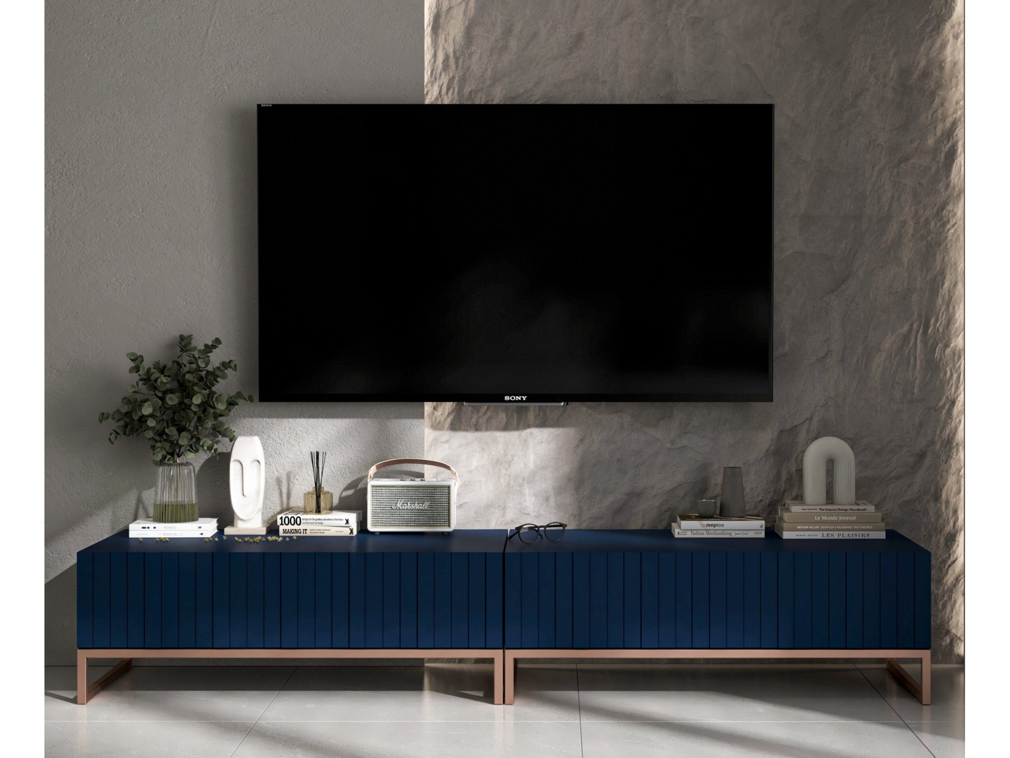 Nowoczesna Komoda RTV Uniwersalna Szafka RTV Glamour Ryflowane fronty granatowy Mat 220 cm