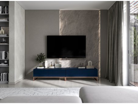 Nowoczesna Komoda RTV Uniwersalna Szafka RTV Glamour Ryflowane fronty granatowy Mat 220 cm1