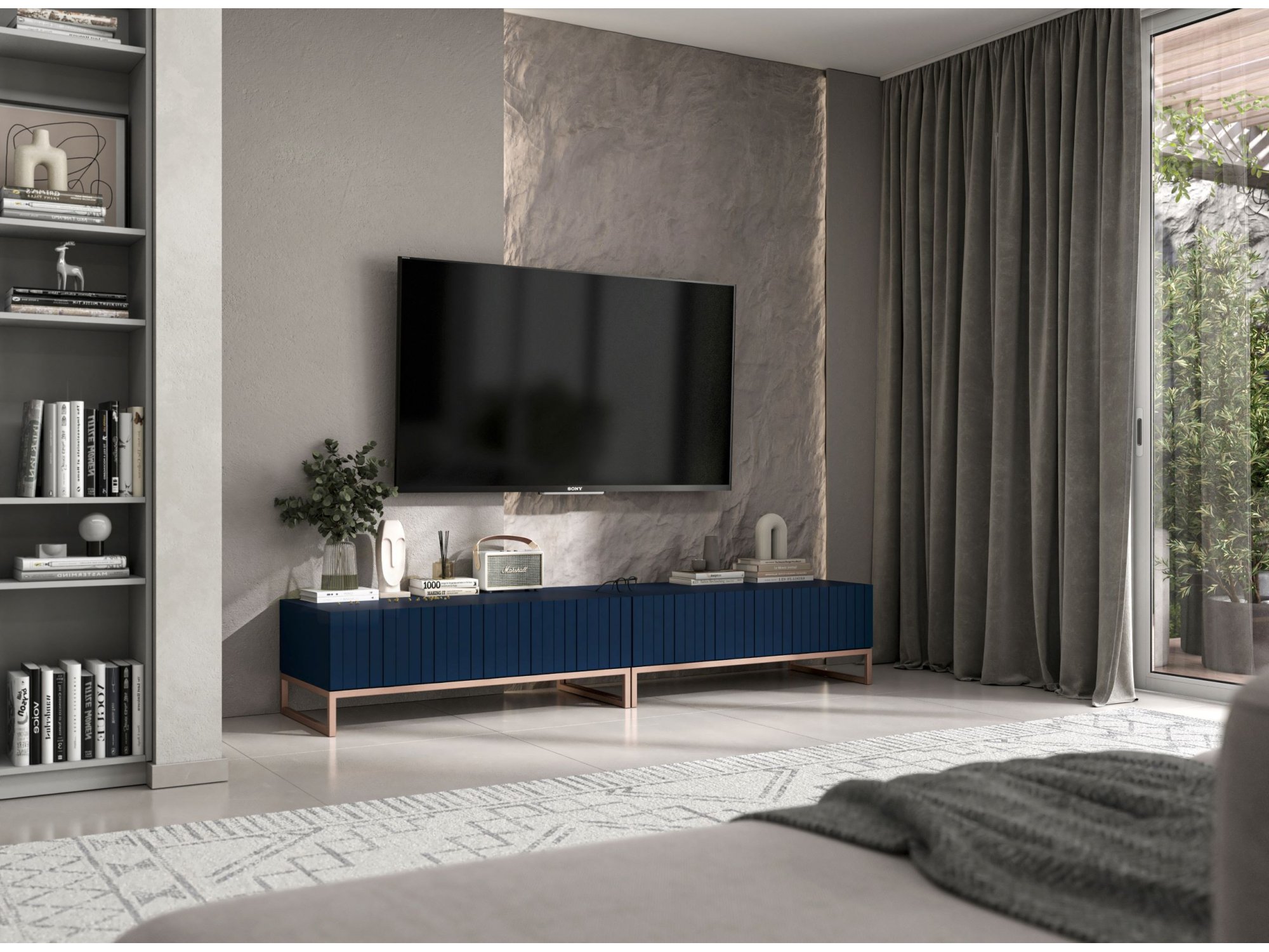 Nowoczesna Komoda RTV Uniwersalna Szafka RTV Glamour Ryflowane fronty granatowy Mat 220 cm