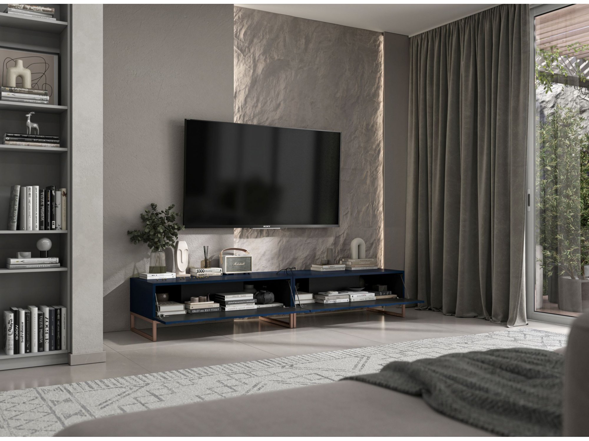 Nowoczesna Komoda RTV Uniwersalna Szafka RTV Glamour Ryflowane fronty granatowy Mat 220 cm