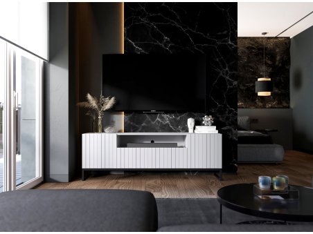 Szafka RTV Loft Nowoczesna Komoda RTV Biały MAT 150 cm Industrialna Rama Ryflowane fronty2