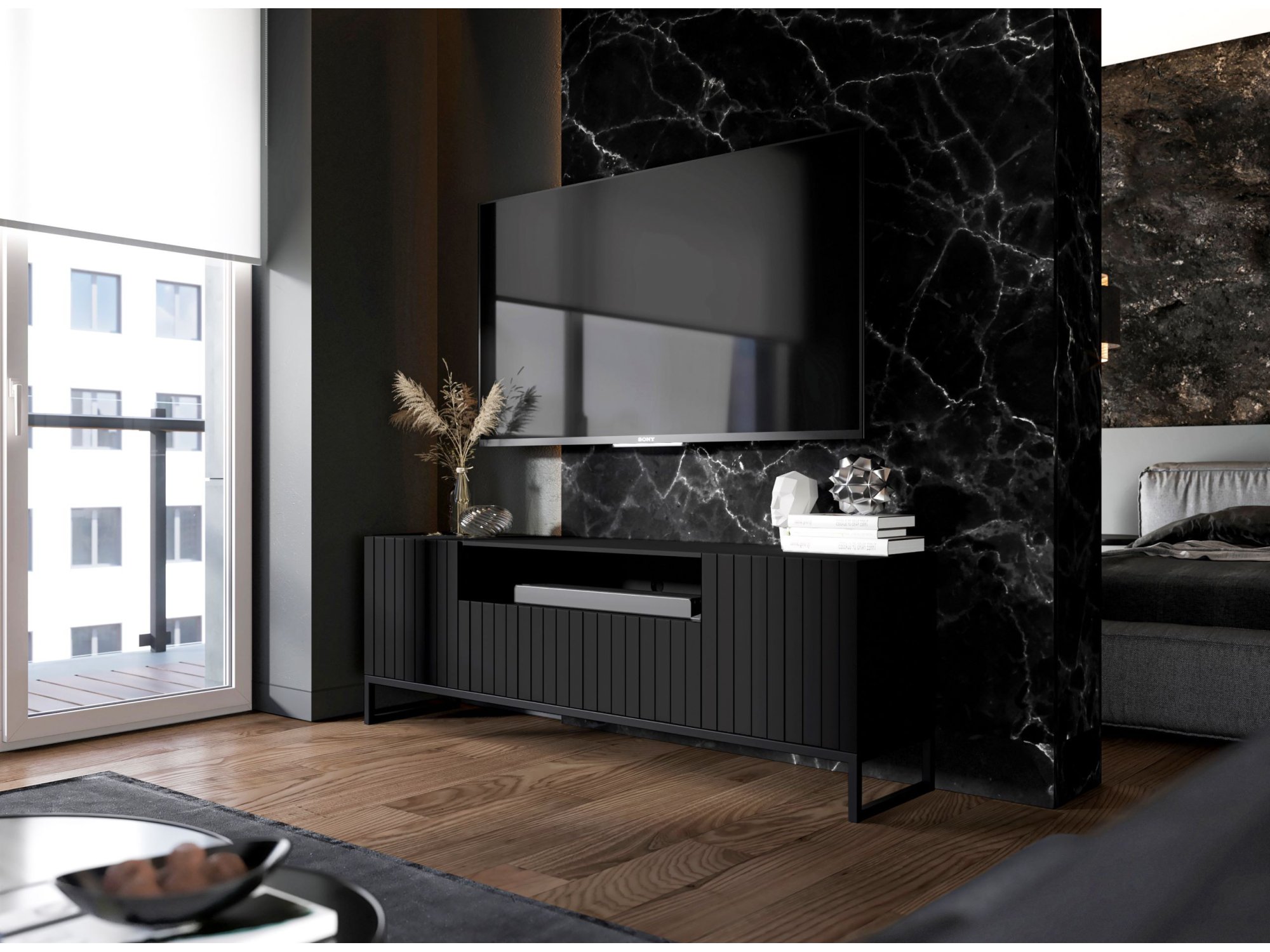 Komoda RTV Loft Szafka RTV Czarny MAT Nowoczesna Czarna Rama 150 cm Glamour