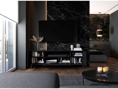 Komoda RTV Loft Szafka RTV Czarny MAT Nowoczesna Czarna Rama 150 cm Glamour