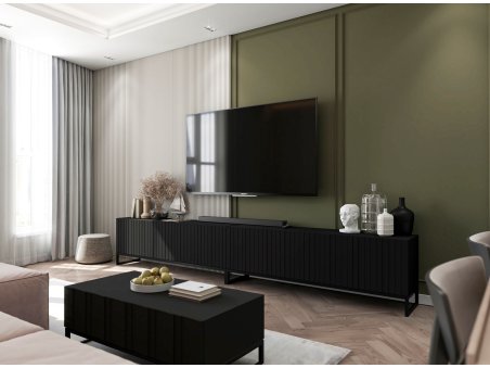 Nowoczesny zestaw Loft Czarny MAT 300 cm Szafka RTV Industrialna Ryflowane fronty Glamour3