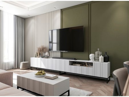 Zestaw RTV Biały Mat 300 cm Szafka RTV Komoda RTV Nowoczesna Czarna Rama Loft3