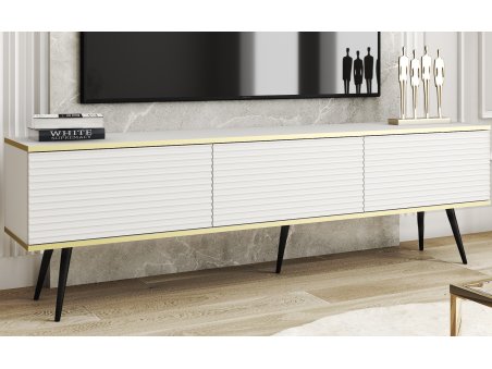 Szafka RTV Glamour Biały Mat Nogi Czarne Komoda RTV Ryflowane fronty 175 cm3