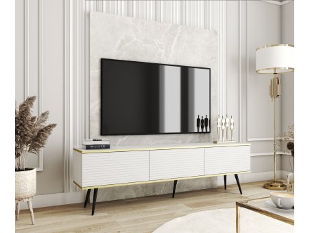 Szafka RTV Glamour Biały Mat Nogi Czarne Komoda RTV Ryflowane fronty 175 cm