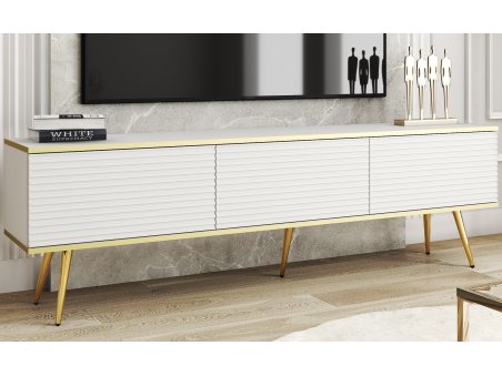 Szafka RTV Glamour Biały MAT Stolik RTV Nogi Złote metalowe Ryflowane fronty 175 cm3