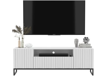 Szafka RTV Loft Nowoczesna Komoda RTV Biały MAT 150 cm Industrialna Rama Ryflowane fronty1