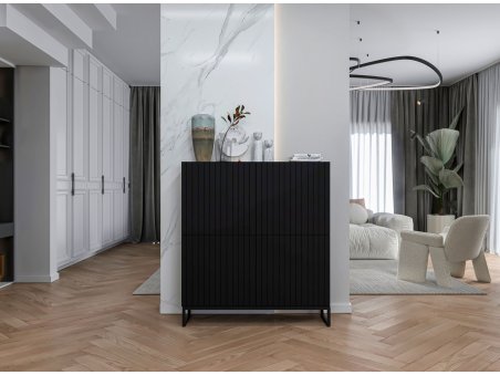 Nowoczesna Komoda RTV Loft Szafka RTV Glamour Czarny MAT 112 cm Ryflowane fronty Czarna Rama Loft2