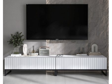 Nowoczesna Szafka RTV Glamour Uniwersalna Komoda RTV Ryflowane fronty biały Mat 220 cm Rama Czarna Metalowa