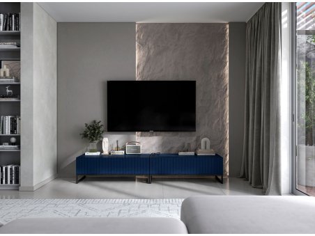 Nowoczesna Komoda RTV Uniwersalna Szafka RTV Glamour Ryflowane fronty granatowy Mat 220 cm Rama Czarna Metalowa3