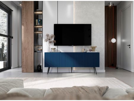 Szafka RTV Loft Nowoczesna Komoda RTV Granatowy MAT 150 cm Industrialna Nogi Czarne Metalowe Ryflowane fronty3