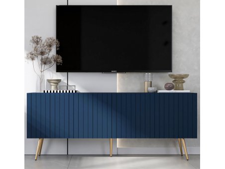 Komoda RTV Loft Szafka RTV Granatowy MAT Nowoczesna Złote Nogi Metalowe 150 cm Glamour Ryflowane fronty